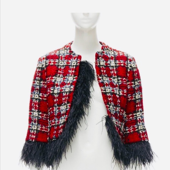 Halpern Tweed Feather Trim Cropped Jacket In Red Elegant Plaid Women's Blazer - Picture 2 of 10